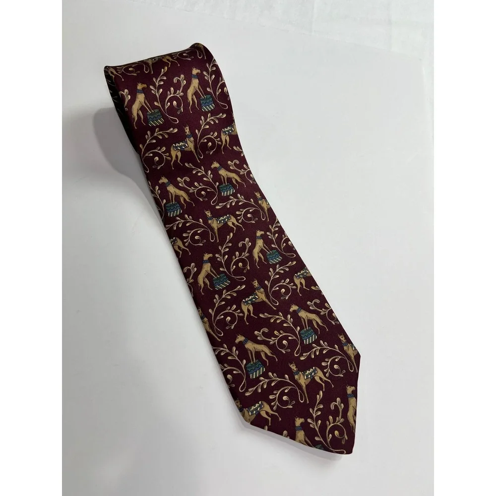 Vintage Bert Pulitzer Tie Mens OS Burgundy Greyhound Dog Circus Silk Novelty A60